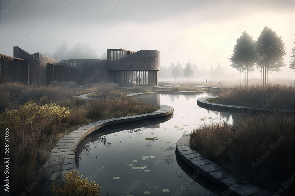 Poster a foggy landscape with a pond and a building in the distance with a foggy sky in the background and 