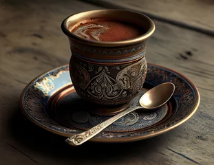 Foto op Plexiglas cup of turkish coffee or mokka or tea in traditional cup on plate with a spoon, generative ai © Felix