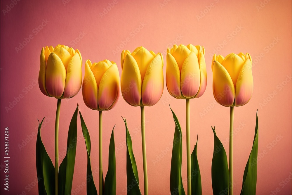 Poster a row of yellow tulips with green leaves in front of a pink background with a pink wall in the backg