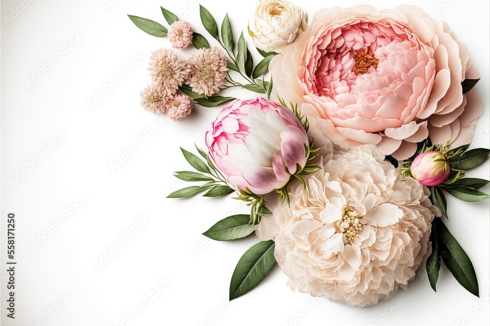 Aufkleber a bunch of flowers that are on a white surface with leaves and flowers around them on a white surfac