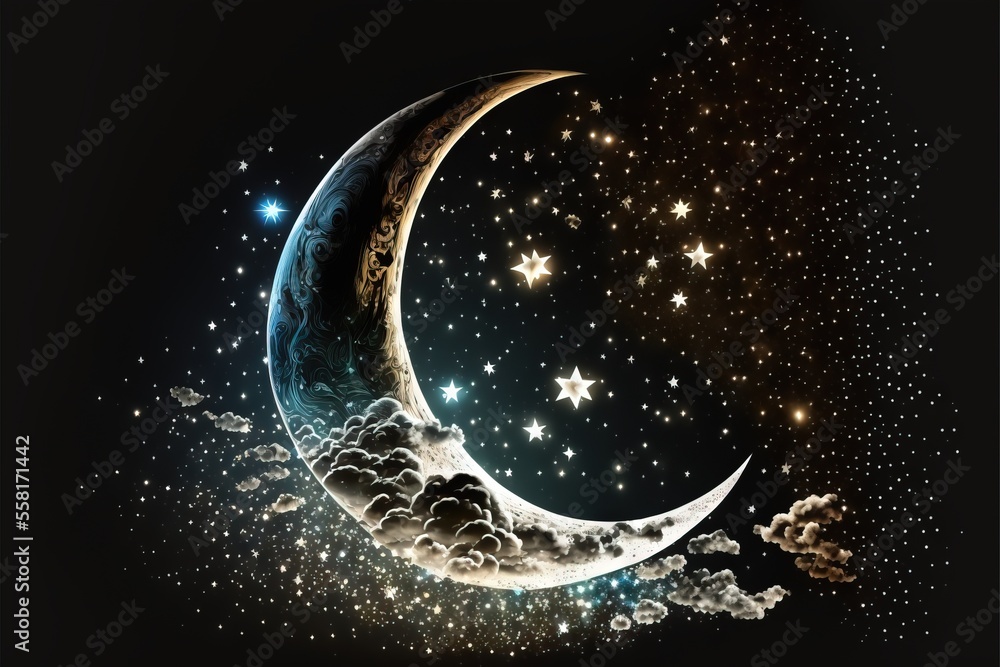 Poster a painting of a crescent moon with stars in the sky above it and clouds in the foreground, with a bl