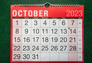 Calendar 2023, October, monthly planner for wall and desk with large boxes for each date.