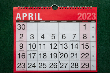 Calendar 2023, April, monthly planner for wall and desk. Large boxes for each date.