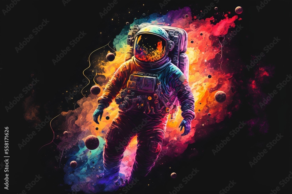 Aufkleber a man in a space suit walking through space with planets in the background and a colorful explosion 