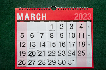 Calendar 2023, March, monthly planner for wall and desk with large boxes for each date.