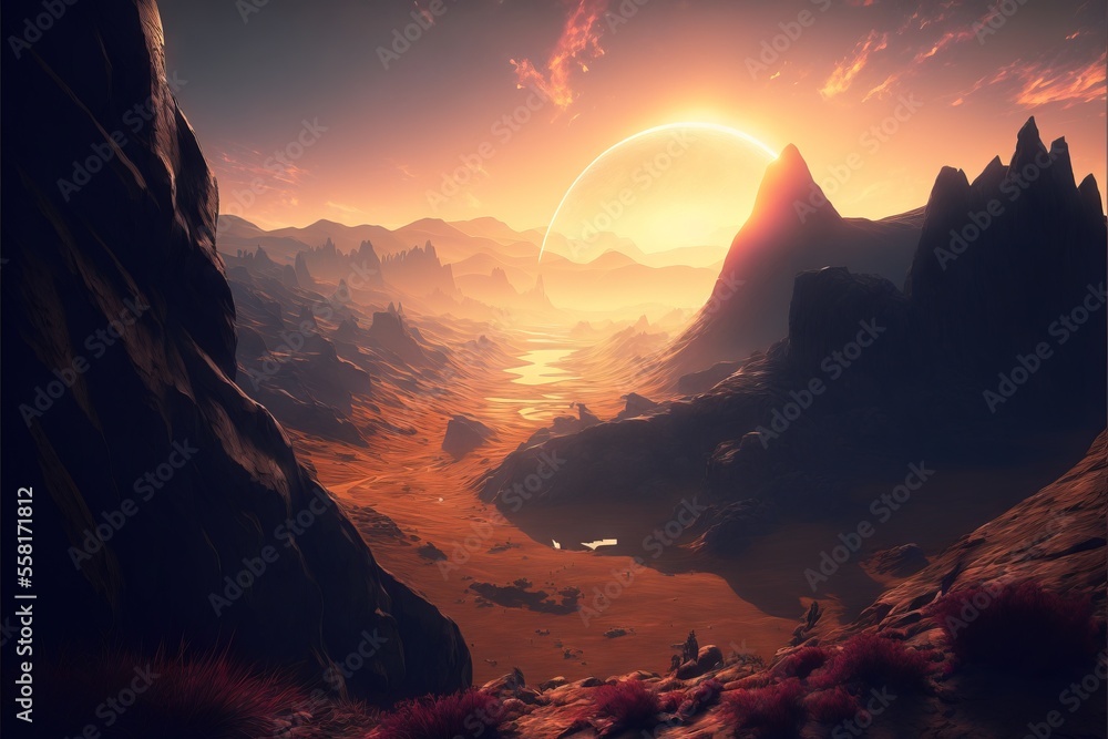 Poster a computer generated image of a landscape with mountains and a sun in the distance, with a distant o