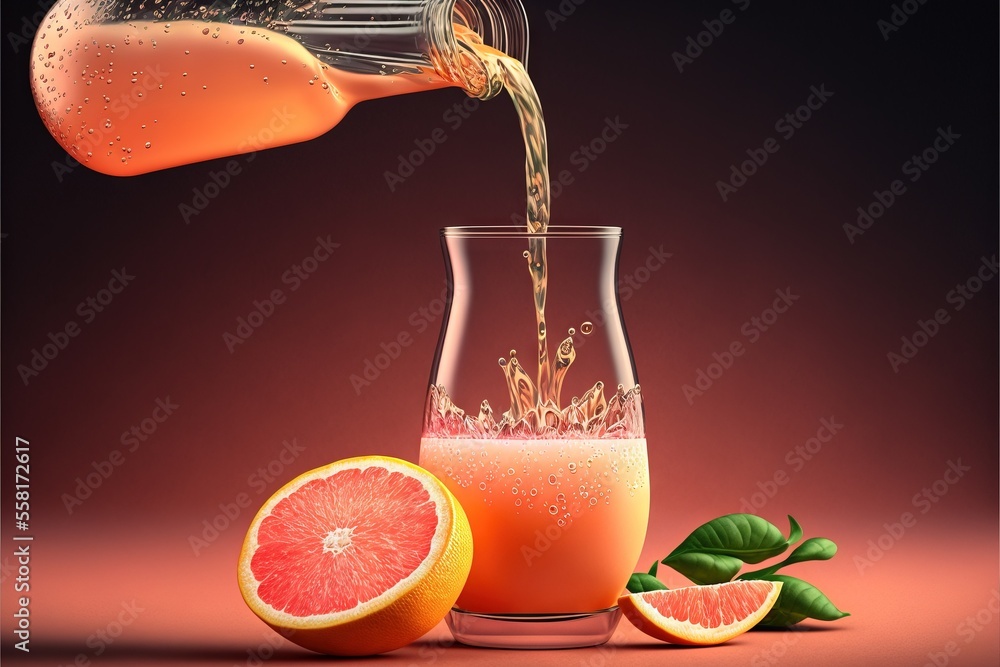 Poster a pitcher of orange juice being poured into a glass next to a grapefruit and a grapefruit slice with