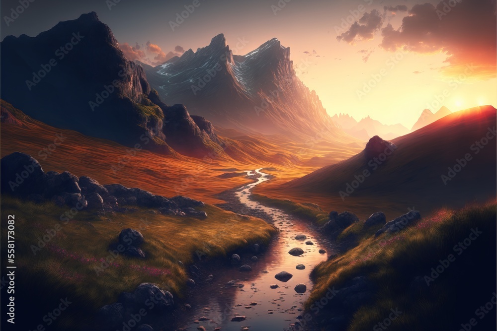 Poster a painting of a stream running through a mountain valley with a sunset in the background and a mountain range in the foreground with rocks and grass on either side of the stream, and., generative ai