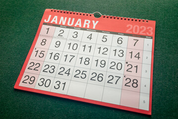 Calendar 2023, January, monthly planner for wall and desk. Above angle view.