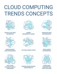 Cloud computing trends benefits turquoise concept icons set. Digital technology idea thin line color illustrations. Isolated symbols. Editable stroke. Roboto-Medium, Myriad Pro-Bold fonts used