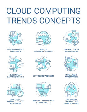 Cloud computing trends benefits turquoise concept icons set. Digital technology idea thin line color illustrations. Isolated symbols. Editable stroke. Roboto-Medium, Myriad Pro-Bold fonts used