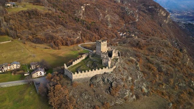 Panoramic shot with drone of the castle of Cly Saint Denis Aosta Valley