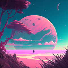 Beautiful pink ocean horizon view on a lush tropical alien planet, clear sky, massive planet in space over the horizon, rule of thirds, trending on artstation, digital art