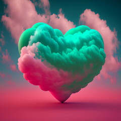 Heart shaped pink cloud on bright blue and green background, 4k