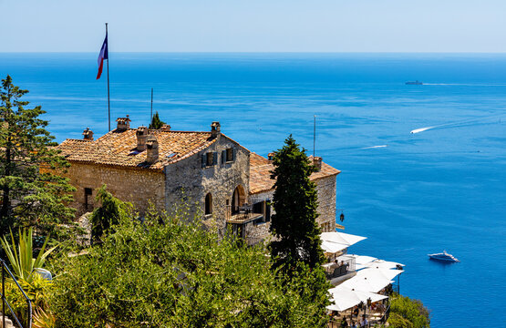 Panoramic view of Azure Cost of Mediterranean Sea seen from Exotic Botanic Garden Le Jardin de Exotique on top of historic town of Eze in France