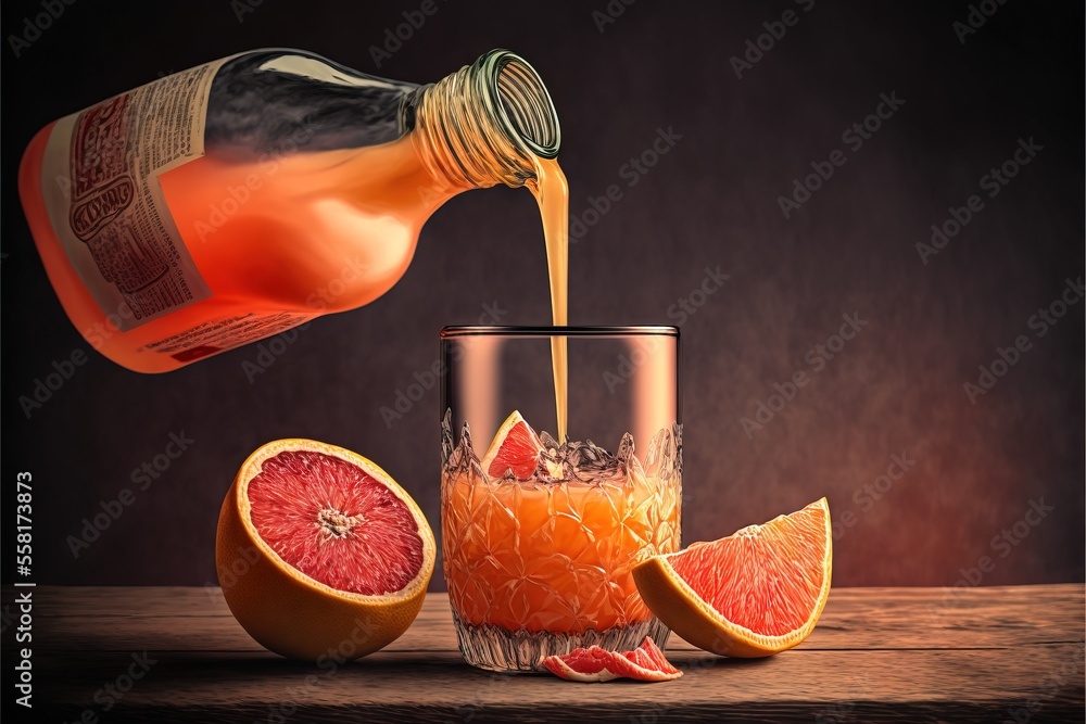 Poster a bottle of wine being poured into a glass filled with grapefruit and grapefruit slices next to a cu