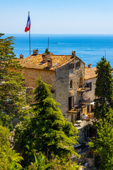 Panoramic view of Azure Cost of Mediterranean Sea seen from Exotic Botanic Garden Le Jardin de Exotique on top of historic town of Eze in France