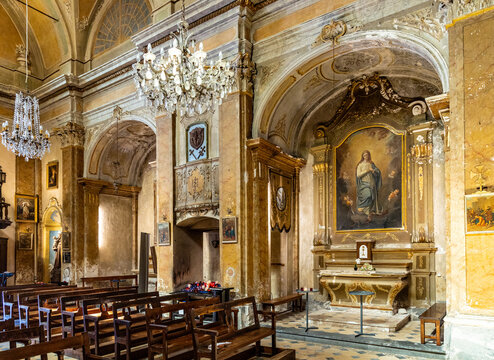 Apse chapel and cloisters of Our Lady Assumption church, Notre Dame de l&rsquo;Assomption in historic old town of Eze on Azure Cost of Mediterranean Sea in France
