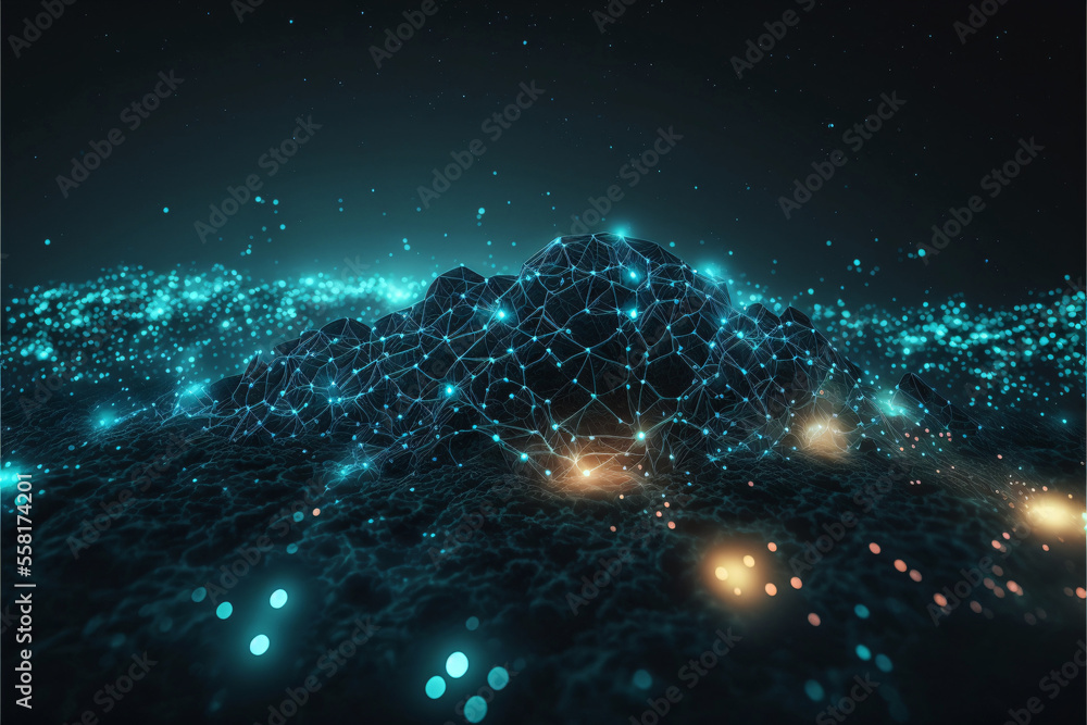 Poster intricate web of glowing dots and thin, shimmering lines streches out across a field of deep black. 