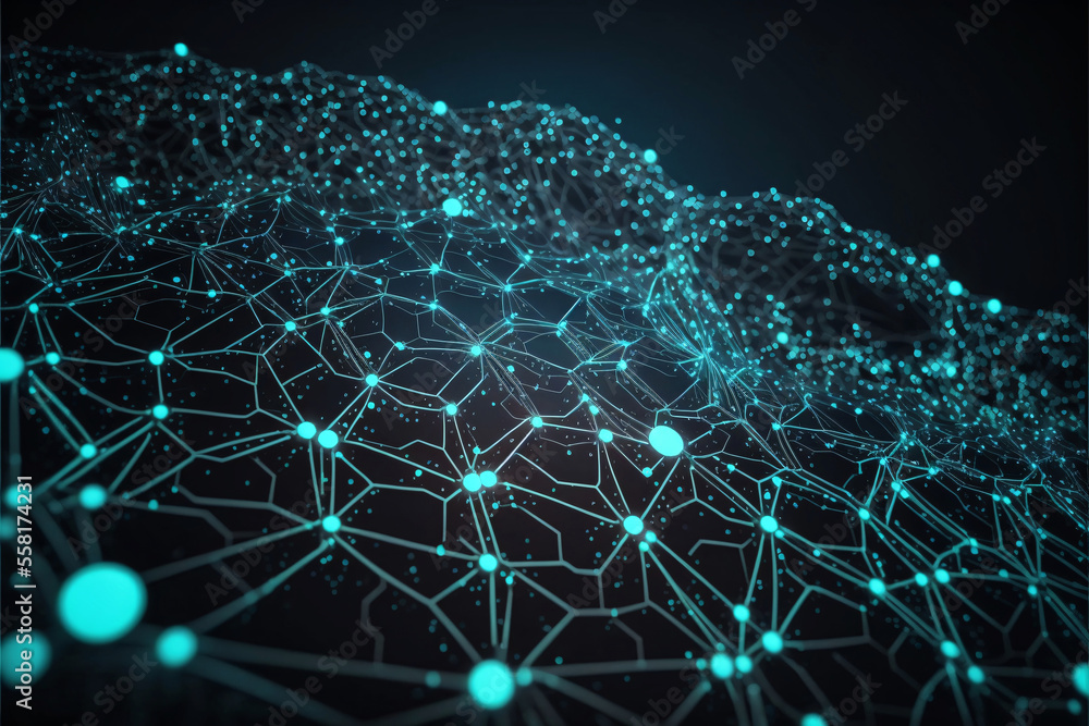 Poster intricate web of glowing dots and thin, shimmering lines streches out across a field of deep black. 