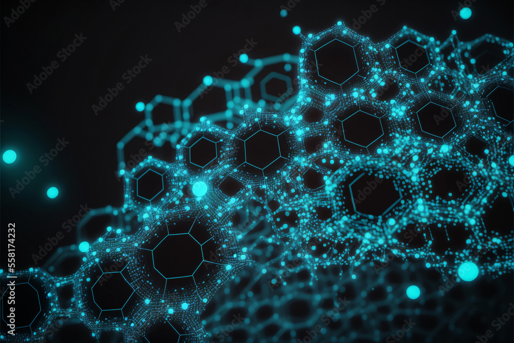 Poster intricate web of glowing dots and thin, shimmering lines streches out across a field of deep black. 