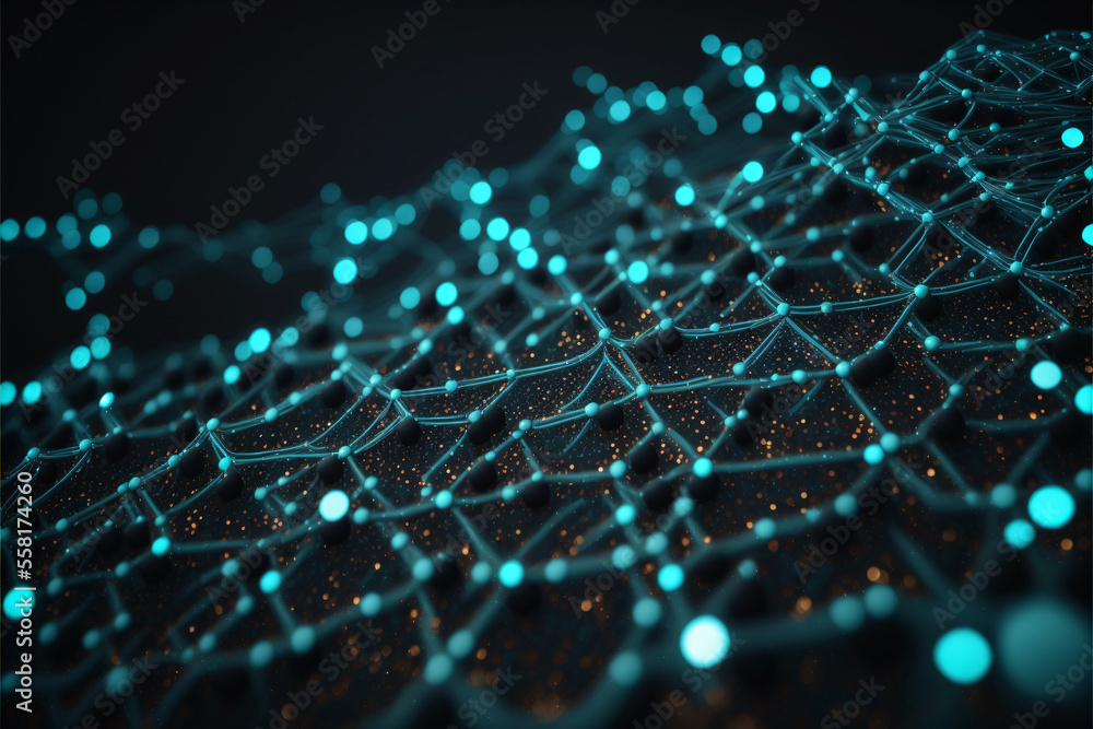 Poster intricate web of glowing dots and thin, shimmering lines streches out across a field of deep black. 