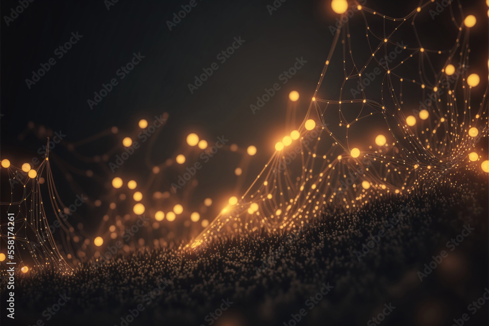 Poster intricate web of glowing dots and thin, shimmering lines streches out across a field of deep black. 