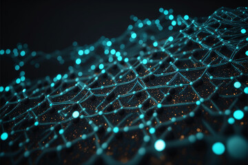 Intricate web of glowing dots and thin, shimmering lines streches out across a field of deep black. Plexus tech background. Designes using generative ai.