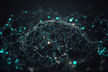 Intricate web of glowing dots and thin, shimmering lines streches out across a field of deep black. Plexus tech background. Designes using generative ai.