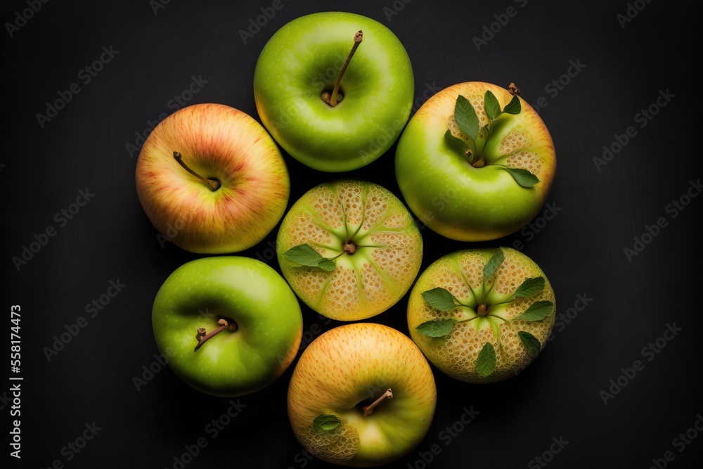 Poster a group of green apples sitting on top of a black table top next to each other on top of each other 