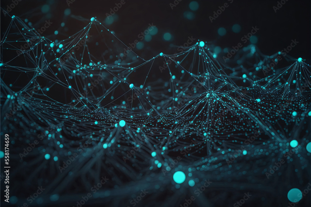 Poster intricate web of glowing dots and thin, shimmering lines streches out across a field of deep black. 