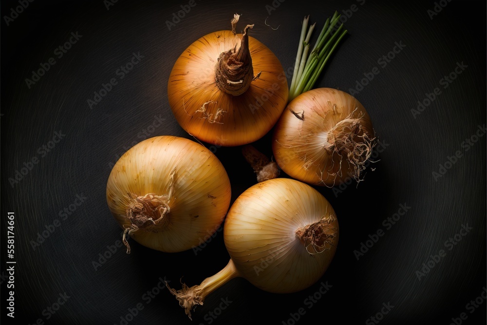 Poster a group of onions sitting on top of a black table top next to a green stalk of celery and a couple o