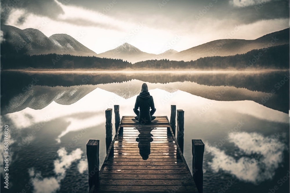 Poster a person sitting on a dock looking out at a mountain lake with a mountain range in the background an
