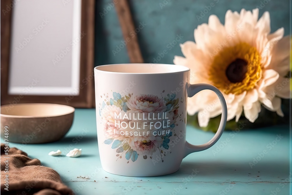 Aufkleber a coffee cup with a flower on it sitting on a table next to a flower pot and a mirror with a picture