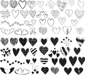 hearts set doodle sketch ,contour on white background isolated