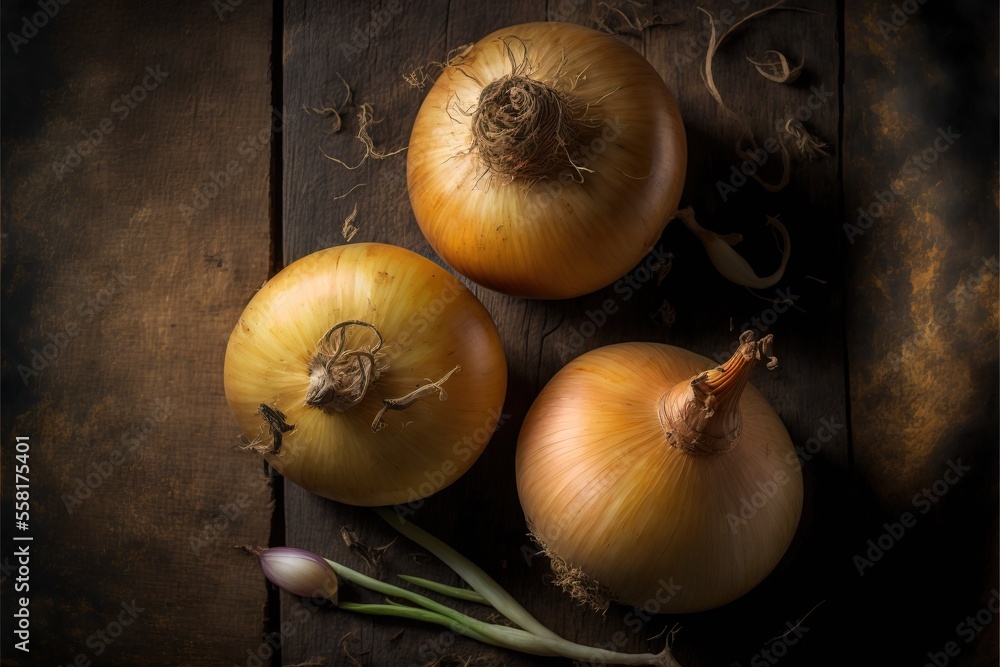 Poster three onions and one onion on a wooden table with a knife and a fork next to them on a wooden surfac