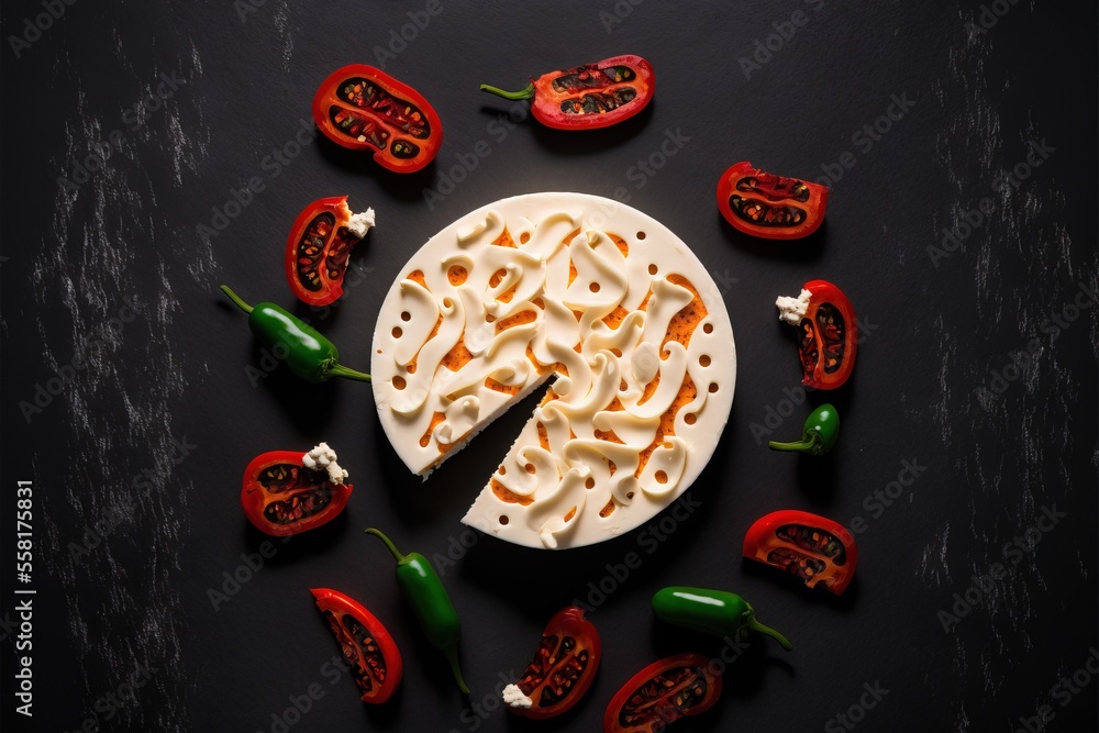 Poster a piece of cheese with peppers around it on a black surface with a piece cut out of the cheese on th