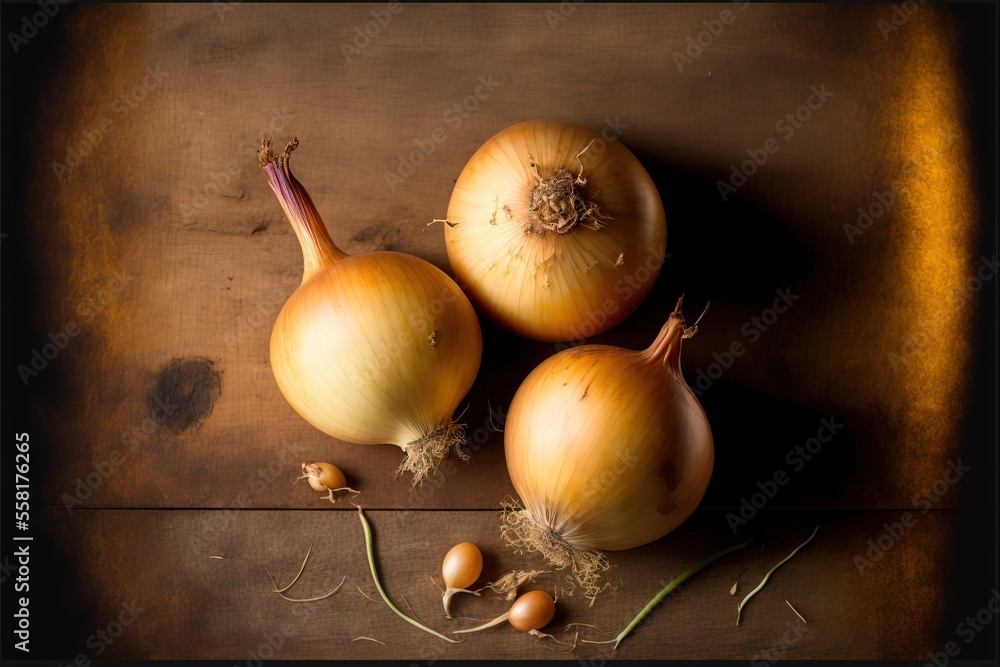Poster three onions and three garlics on a wooden table with a brown background with a black border around 