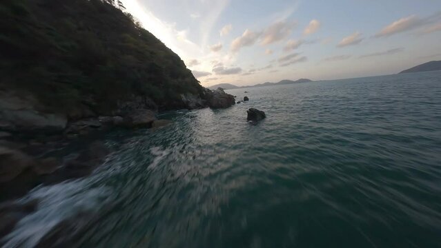 FPV drone sunset on the coast