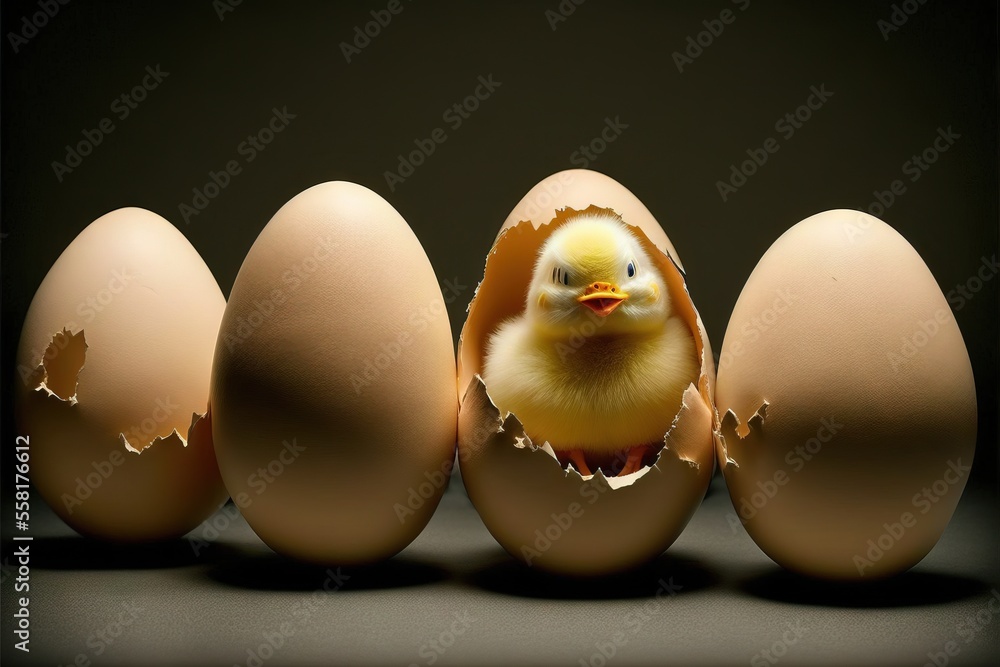 Poster an egg with a chicken in it's shell and another egg in the middle of the egg shell with an egg in it