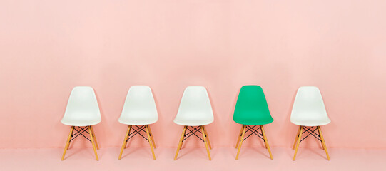 3D rendering of rows of white plastic and metal chairs with contrasting green on a pink background.
