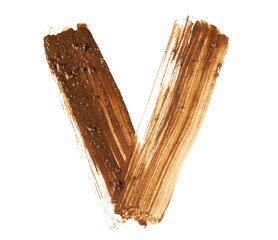 Wet mud alphabet, brush stroke letter V isolated on white, clipping path