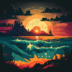 Sunset over the sea. Generative Ai.