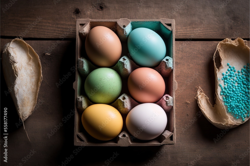 Poster a box of eggs sitting on top of a wooden table next to an egg shell and an egg shell with blue speck