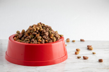 bowl full of dog kibble on a white background. Dish with dry pet food