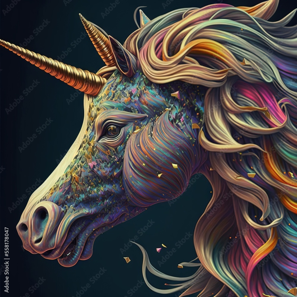Poster a colorful unicorn's head with a long horn and long manes on a black background with confetti and st