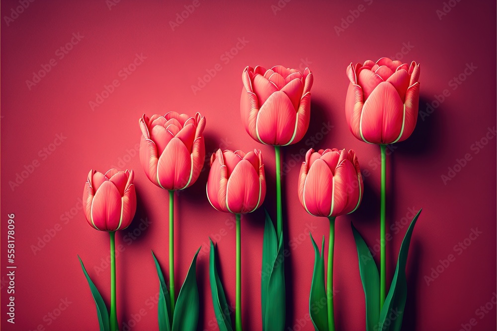 Poster a group of pink tulips on a red background with green stems in the center of the picture and a pink 