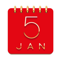 5 day of the month. January. Luxury calendar daily icon. Date day week Sunday, Monday, Tuesday, Wednesday, Thursday, Friday, Saturday. Gold text. Red paper. Vector illustration.