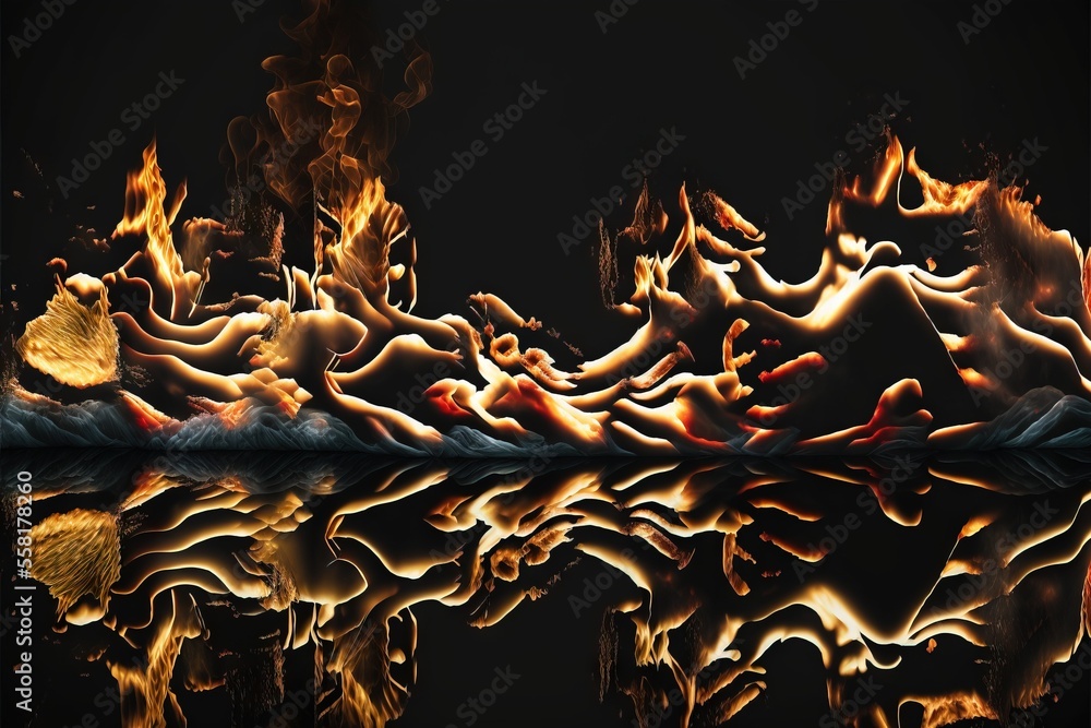 Poster a black background with a reflection of a fire and flames in the water and a black background with a reflection of a fire and flames in the water and a black background with a reflection.