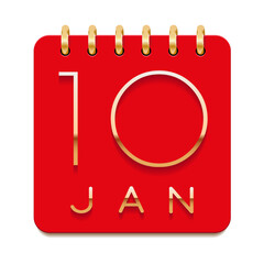 10 day of the month. January. Luxury calendar daily icon. Date day week Sunday, Monday, Tuesday, Wednesday, Thursday, Friday, Saturday. Gold text. Red paper. Vector illustration.